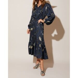 Tucker Juliette Dress Silk Stretch Charmeuse Midi Navy Floral XL Smock Waist